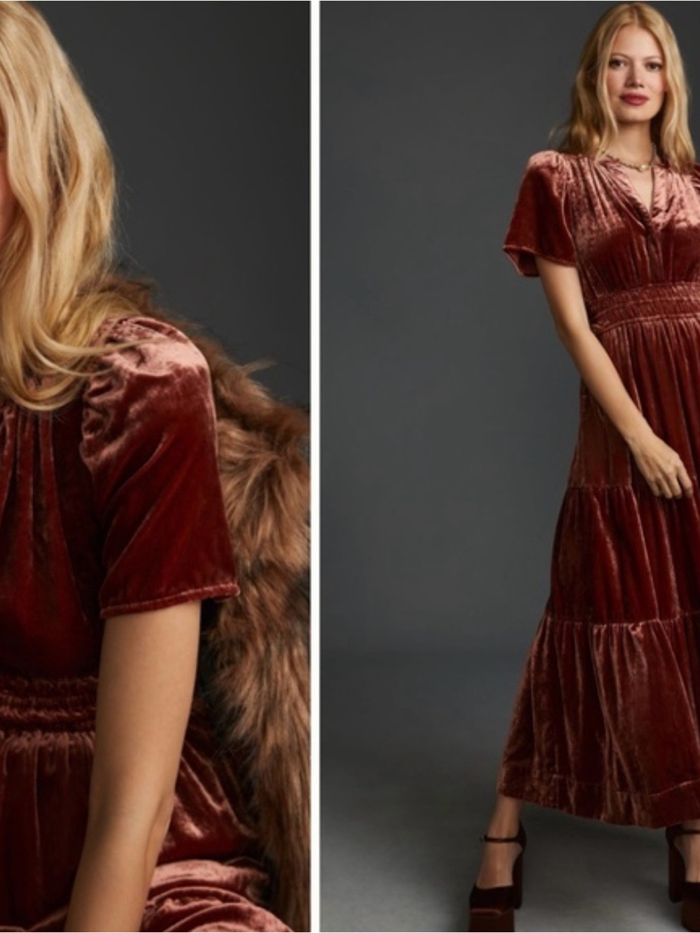 Anthropologie Velvet Tiered Maxi Dress - Rust Red